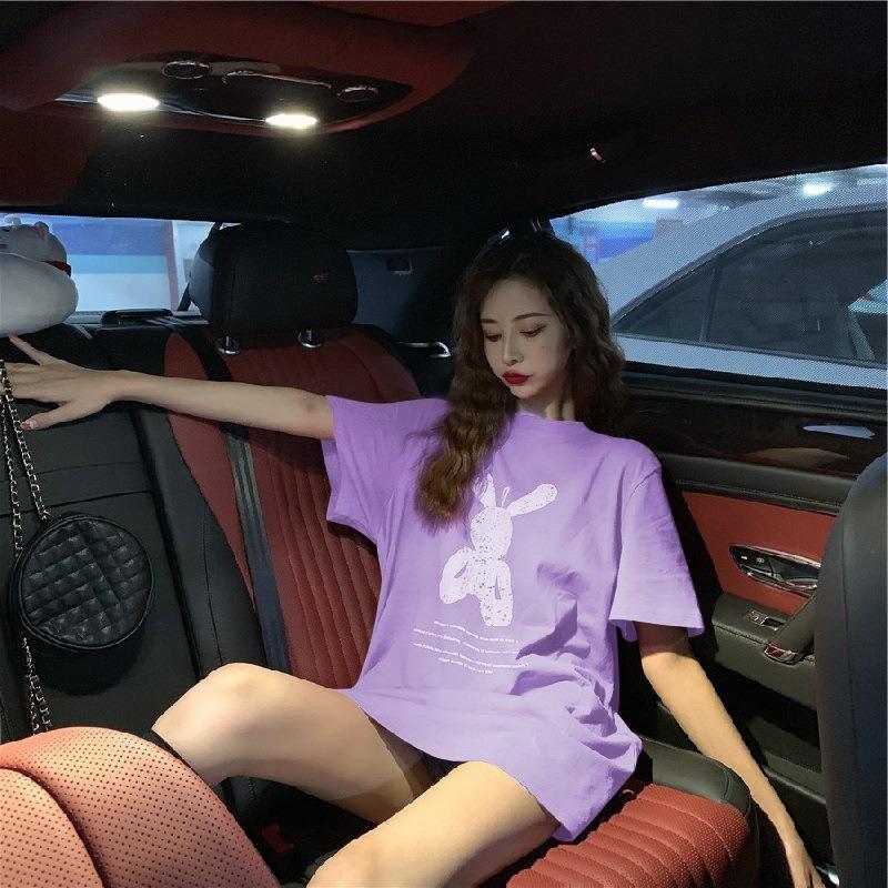 Summer Mid-length Loose Bottoming Shirt Women's Cartoon Ins Round Neck Large Size Short-sleeved T-shirt Women's Blouse Women's Clothing