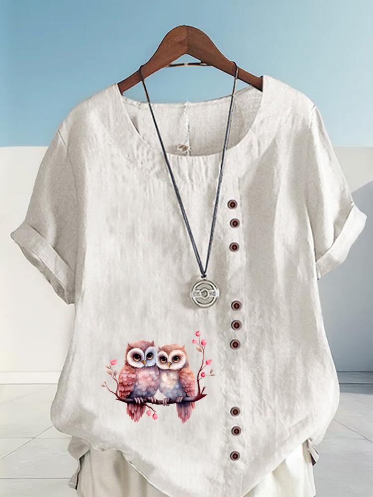 Women's Fashion Couple Owl Print Shot Sleeve T-shirt Loose Cotton Shirt Casual Loose Summer Blouse Tops Plus Size