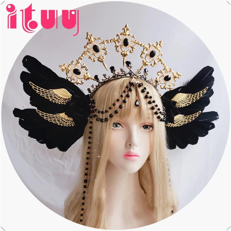 Lolita KC Gothic Black Rose Devil Wings Hair Accessories Sun Godmother's Virgin Mary Apollo Halo Crown Headwear