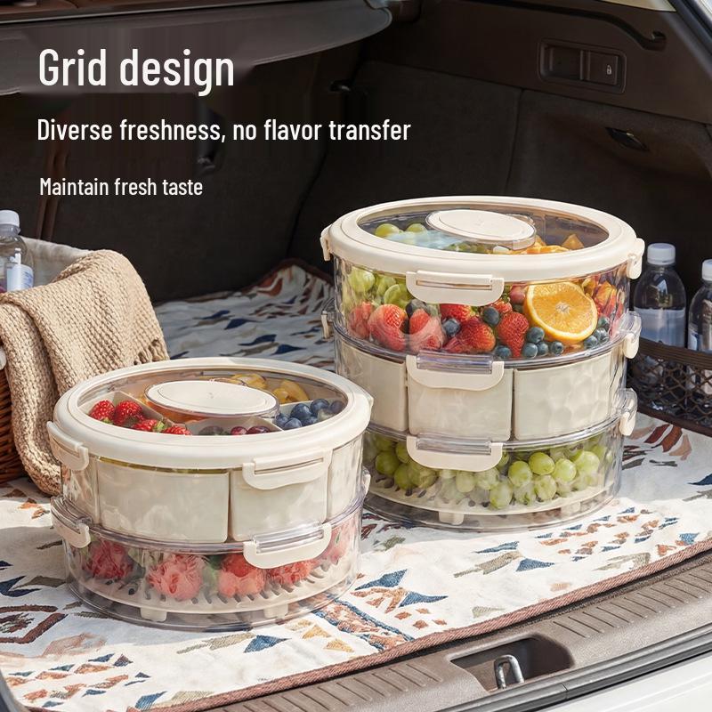 Portable Fruit and Snack Tray with Fresh-Keeping Compartments – Transparent Storage for Outings, Picnics, Camping, and Refrigerator Use