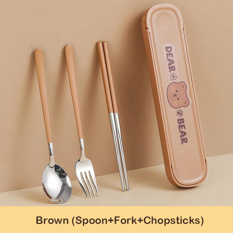 304 Stainless Steel Cartoon Cutlery Set with Case Kids Fork Spoon Portable Cutlery Travel Tableware Reusable Flatware