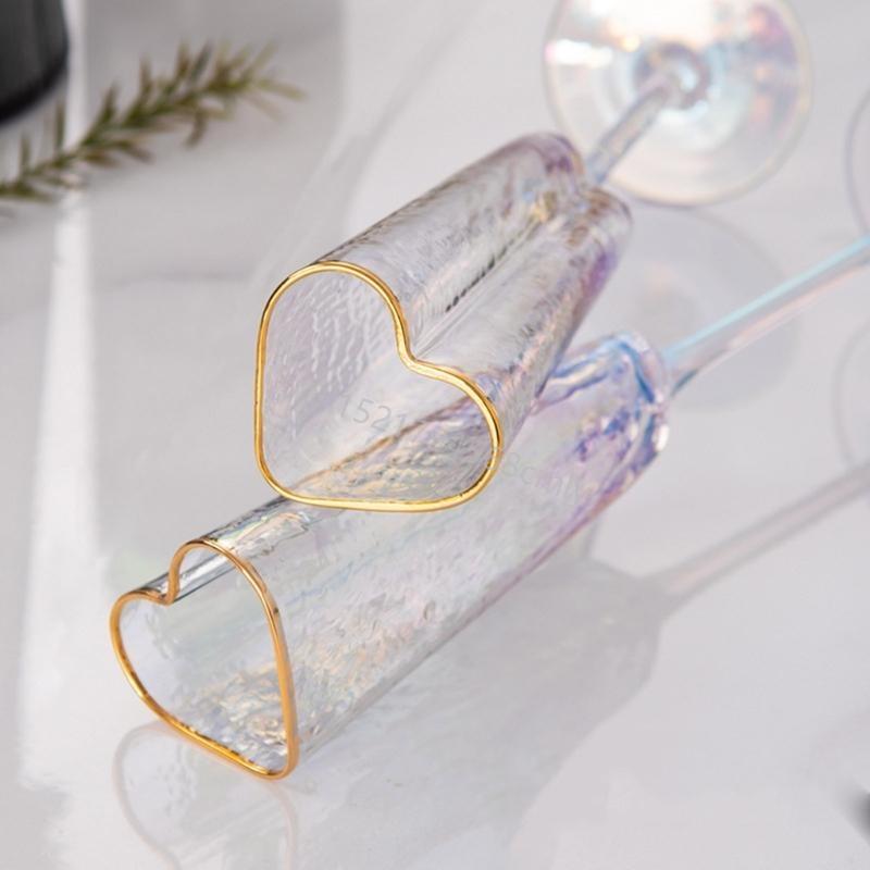 1Pair Decorative High Stem Glass Cup Gold Rimmed Love Heart Champagne Flute 6XDE