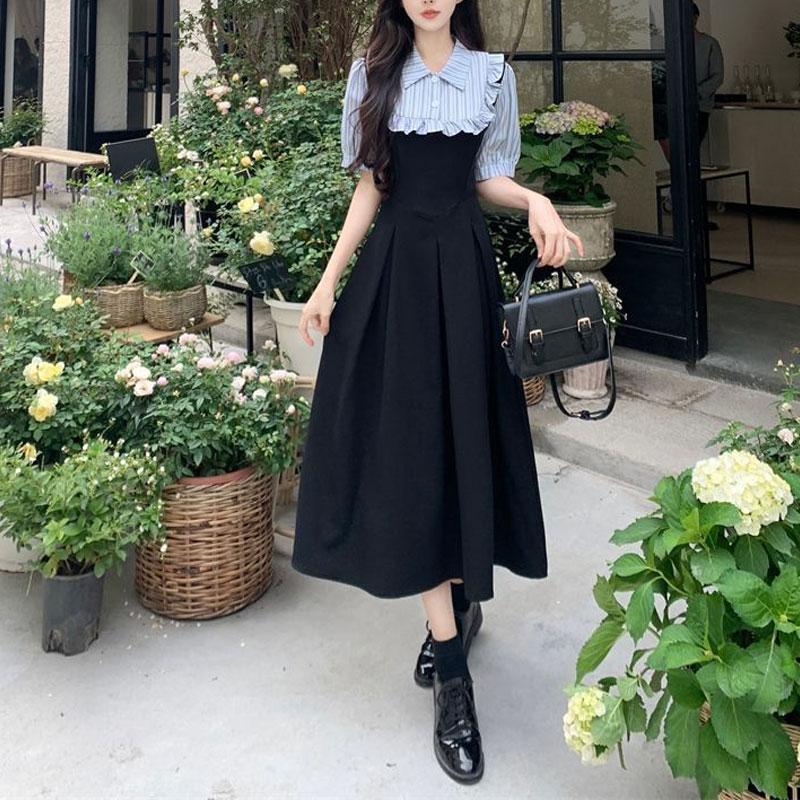 Preppy Style Polo-Neck Midi Dress Female Clothing Fake Two Pieces Summer A-Line Waist Fashion Ruffles Spliced Striped Dresses