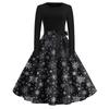 Christmas Print Flare Dress For Women Long Sleeve Dress Hollow Party Casual Dresses