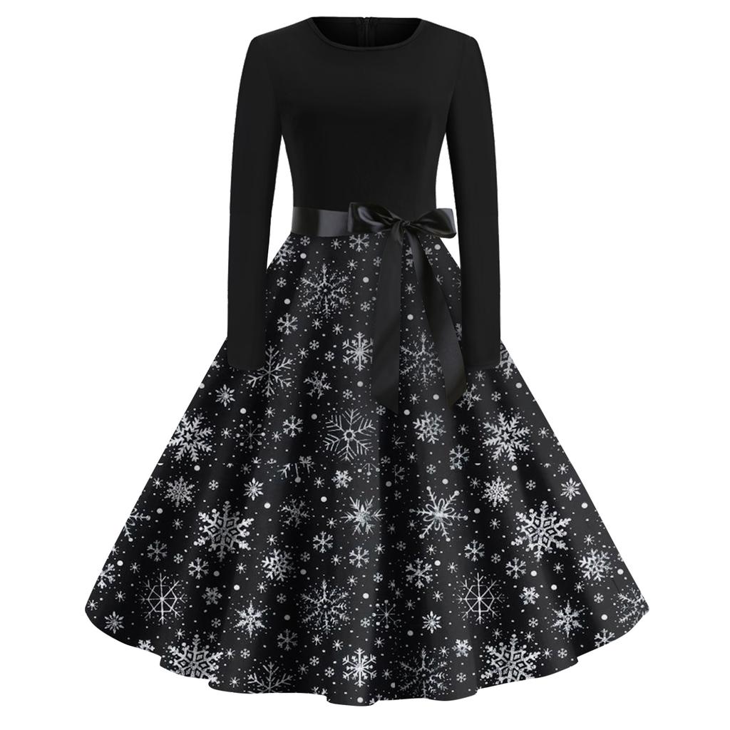 Christmas Print Flare Dress For Women Long Sleeve Dress Hollow Party Casual Dresses
