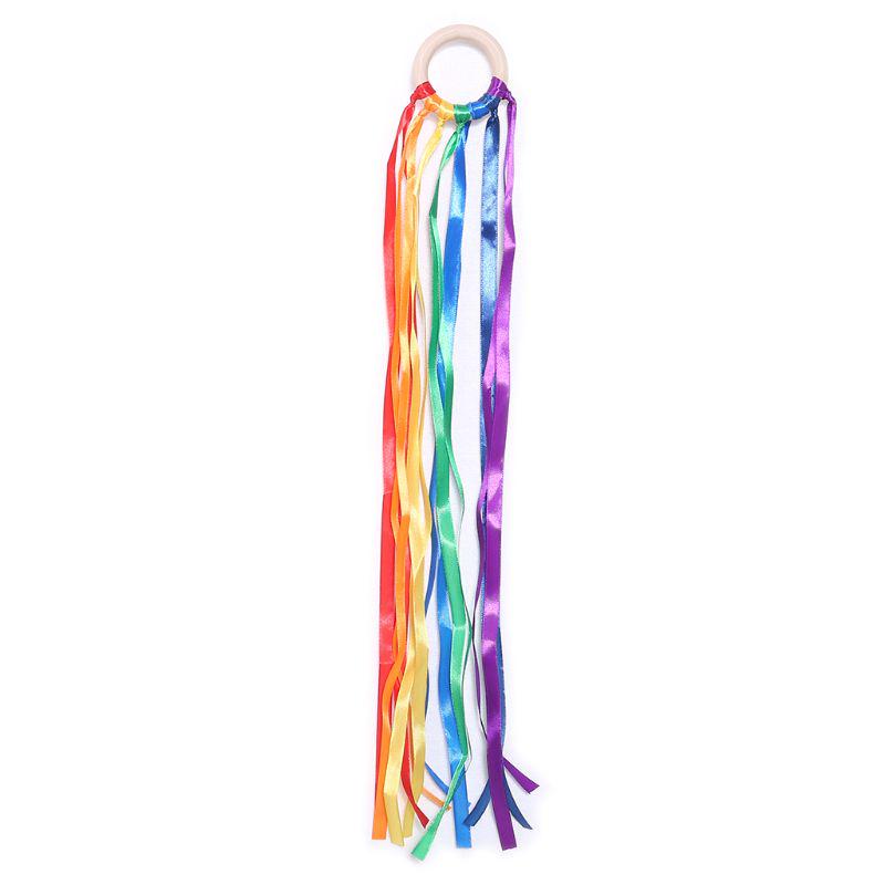 Rainbow Natural Wooden Ribbon Newborn Sensory Bell Toy Shower Gifts Dancing Prop