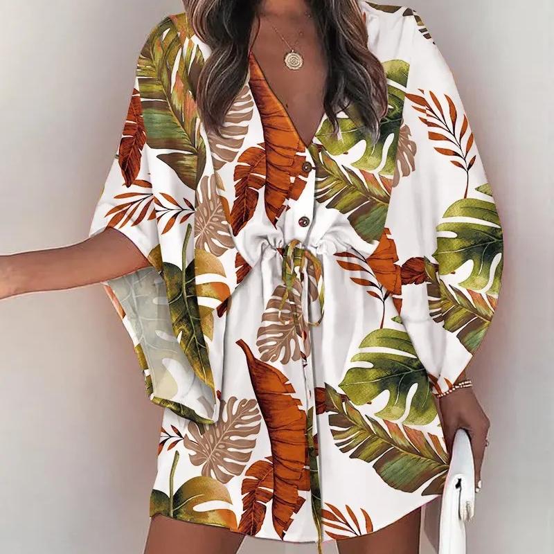 BITCED Women's Summer Batwing SleeveV-neck Lace-up Casual Resort Dresses