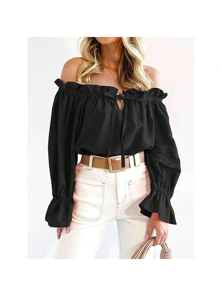 Damen Schulterfrei Bluse Langarm Rüschen Tunika Top Elegant Lässig