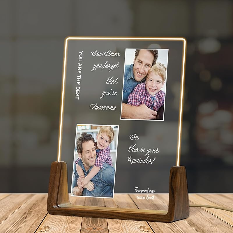 Custom Father's Day Gift for Dad, Photo Acrylic Plaque Personalized Night Light, Walnut Photo Frame with Night Light, Unique Romantic Birthday