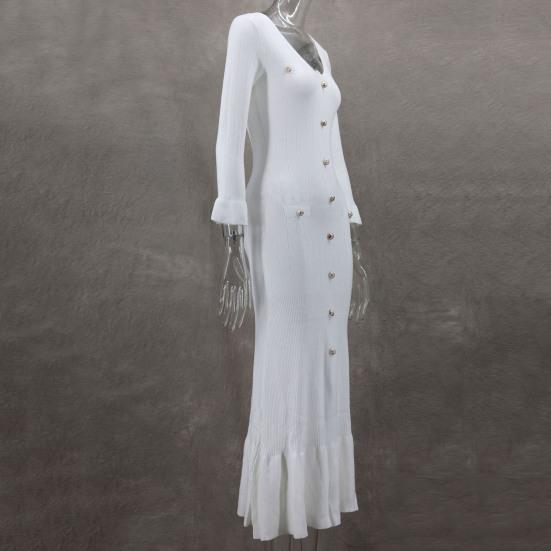 Spring Fall Women Dress Button Decor V Neck Knitted Long Sleeves Slim Fit Patchwork Fishtail Hem Solid Color Stretchy Maxi Dress