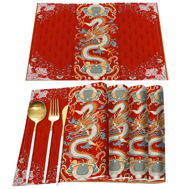 

4Pcs Chinese Dragon Pattern Linen Placemats For New Year Party Table Mats for Dining Table Kitchen Accessories Home Decor 4Pcs-30X45cm(12X18in