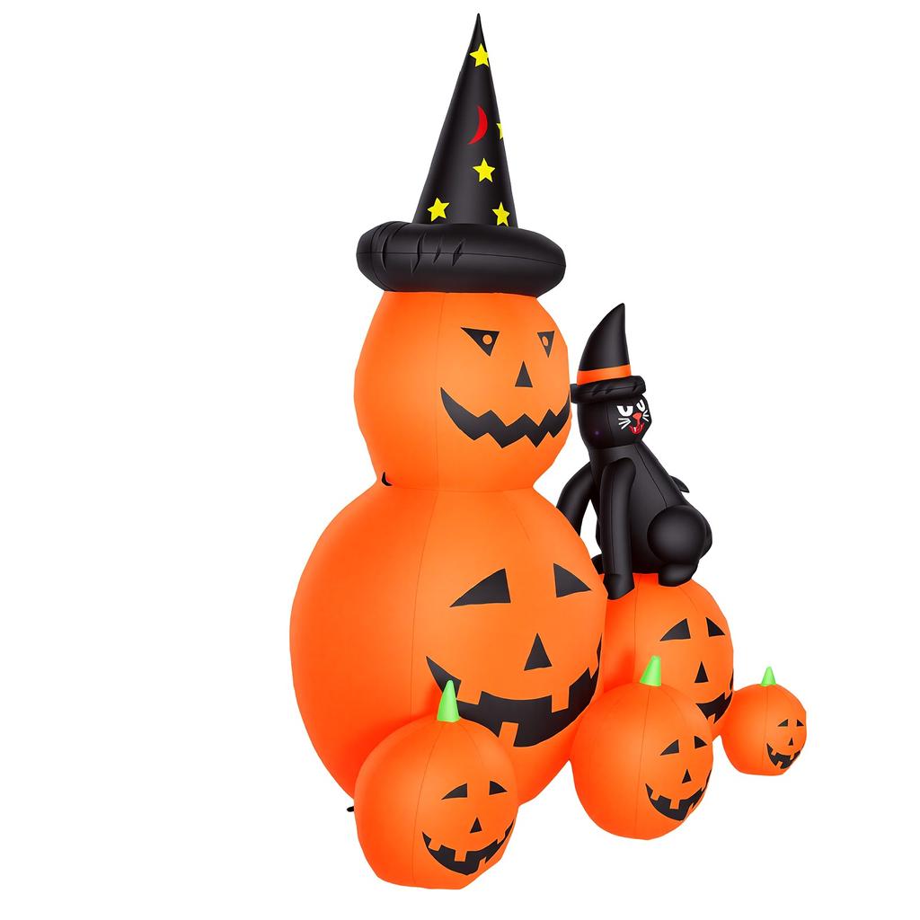 Inflatable Stacked Pumpkin with Witch Hat and Black Cat 5.9FT Holiday Blow Up Pumpkins Yard Decoration with Light for