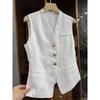 Women's Linen Blend Vest V-Neck Sleeveless Button-Down Waistcoat Lightweight Tailored Suit Vest for Business Casual Office
