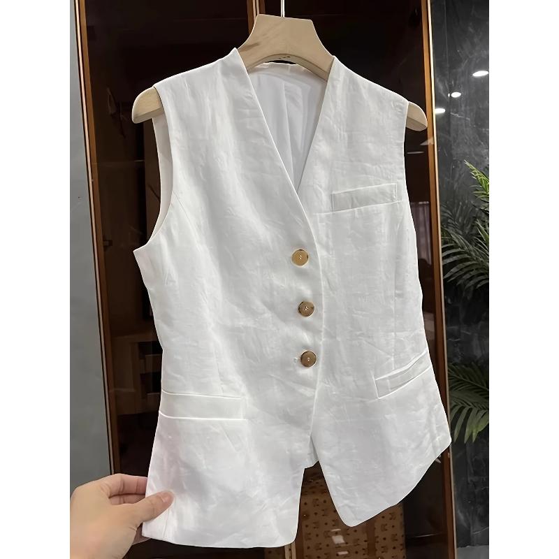 Women s Linen Blend Vest V-Neck Sleeveless Button-Down Waistcoat Lightweight Tailored Suit Vest for Business Casual Office XS белый