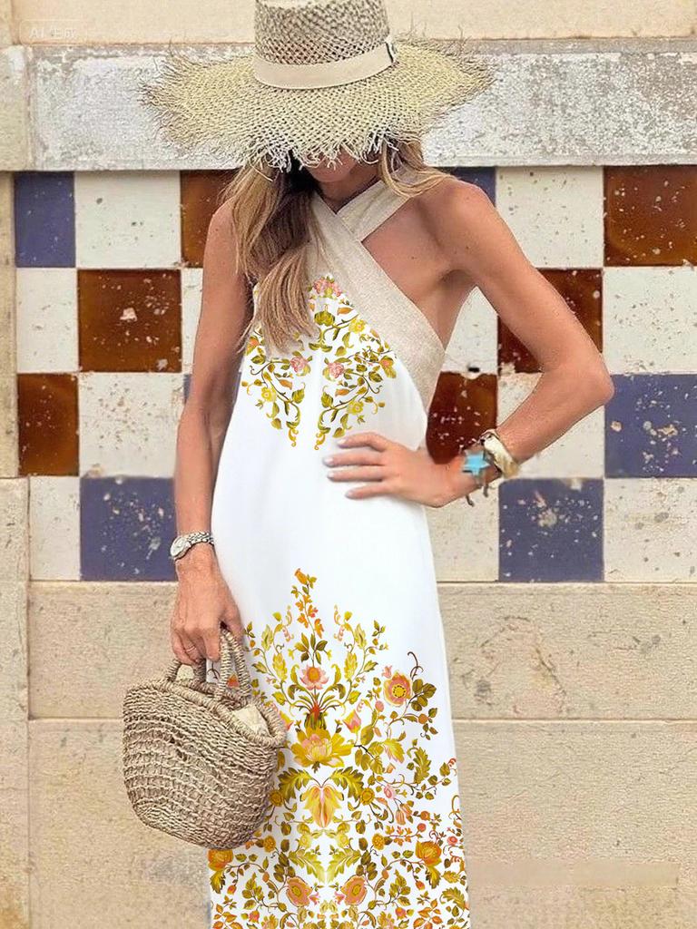 INS Home Casual Loose Shoulder Patchwork Sleeveless Women's Fashion Summer Dress