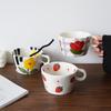 1Pc Ceramic Strawberry Flower Mug, Handmade Hand-Painted Small Flower Stripesd Mug Coffee Cup, Suitable for Home Decoration,Breakfast Milk Oatmeal Cup