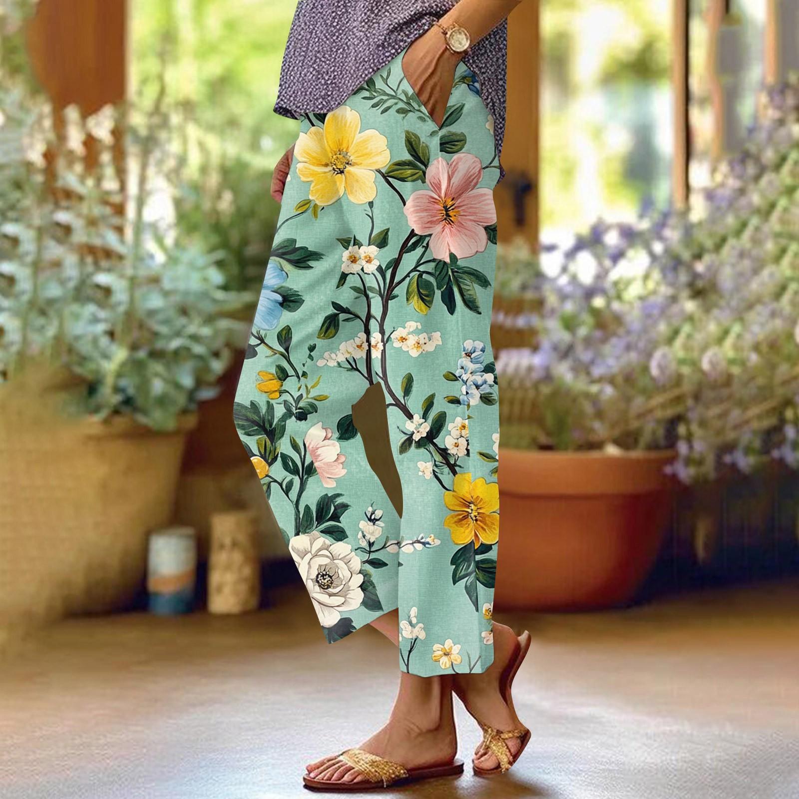 

Женские модные повседневные брюки с цветочным принтом, прямые брюки с карманами и эластичной талией XL