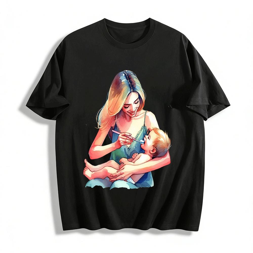 Warm Parent-child Tooth-brushing Print Casual Top For Adults Pure cotton T-shirt XXS