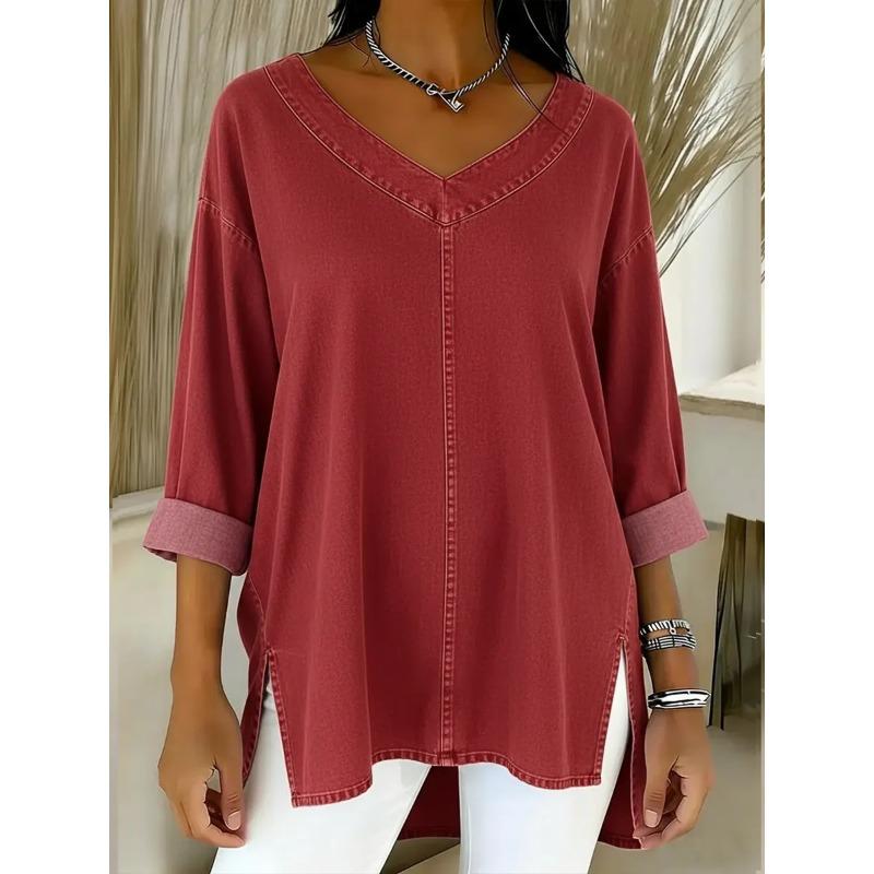 IHUASU Camicette e camicie da donna con scollo a V, maniche lunghe, stampa tinta unita casual alla moda