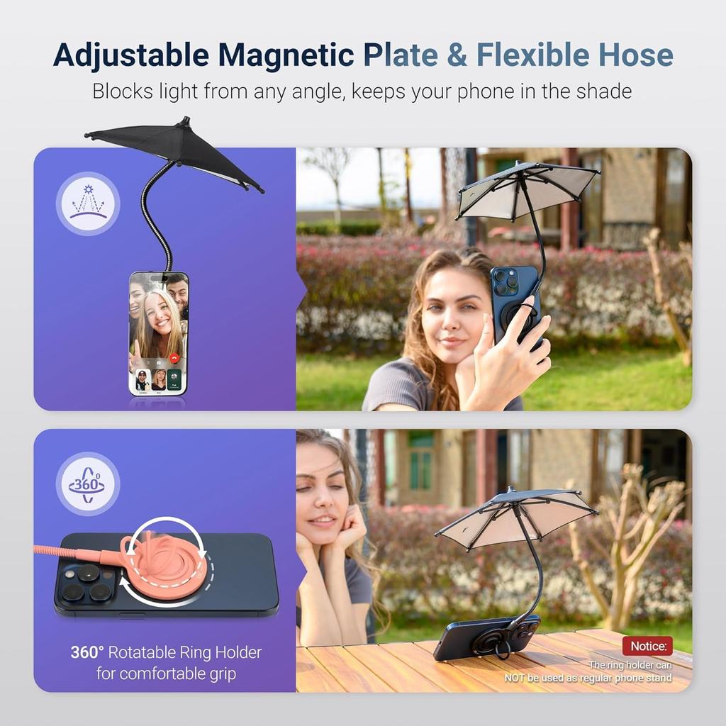 Magnetic Phone Umbrella for Sun,Outdoor Phone Sun Shade Shield with Flexible Angle Design & Rotatable Phone Ring,Umbrella for iPhone 17 Air 16 15 14