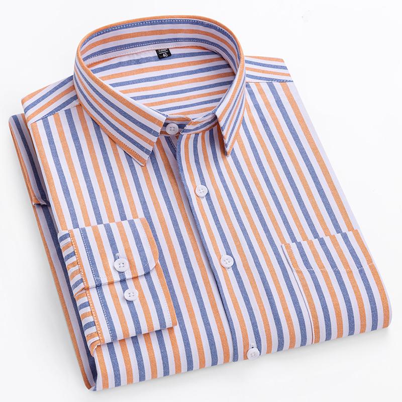 Men's Shirt Long Sleeve 100% Pure Cotton Oxford Dress Shirts Striped Regular Fit Casual Soft Male Blouse Clothing 11XL 10XL 9XL