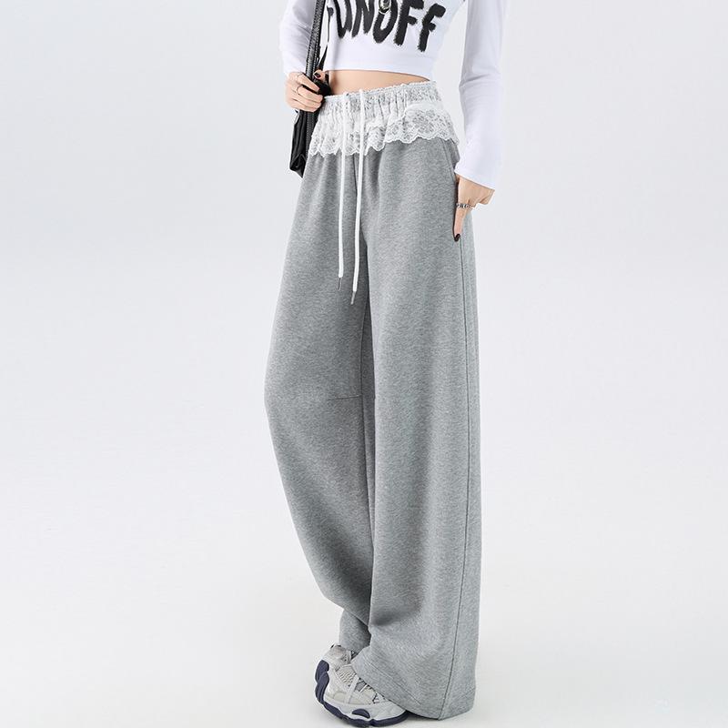 Lace Mesh Patchwork Drawstring Women's Wide-Leg Pants - Spring Comfort, Lazy Style, Versatile & Trendy Sweatpants.
