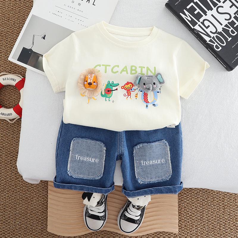 2025 Summer Boys' Cartoon T-shirt & Denim Shorts Set