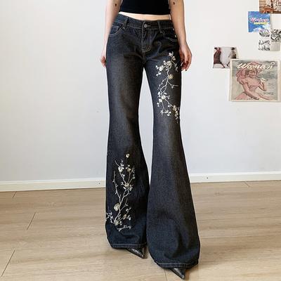 Women Retro Y2k Baggy Denim Pants High Street Basic Trousers Floral Embroidery Jeans Vintage 2000s Low Rise Flared Jeans