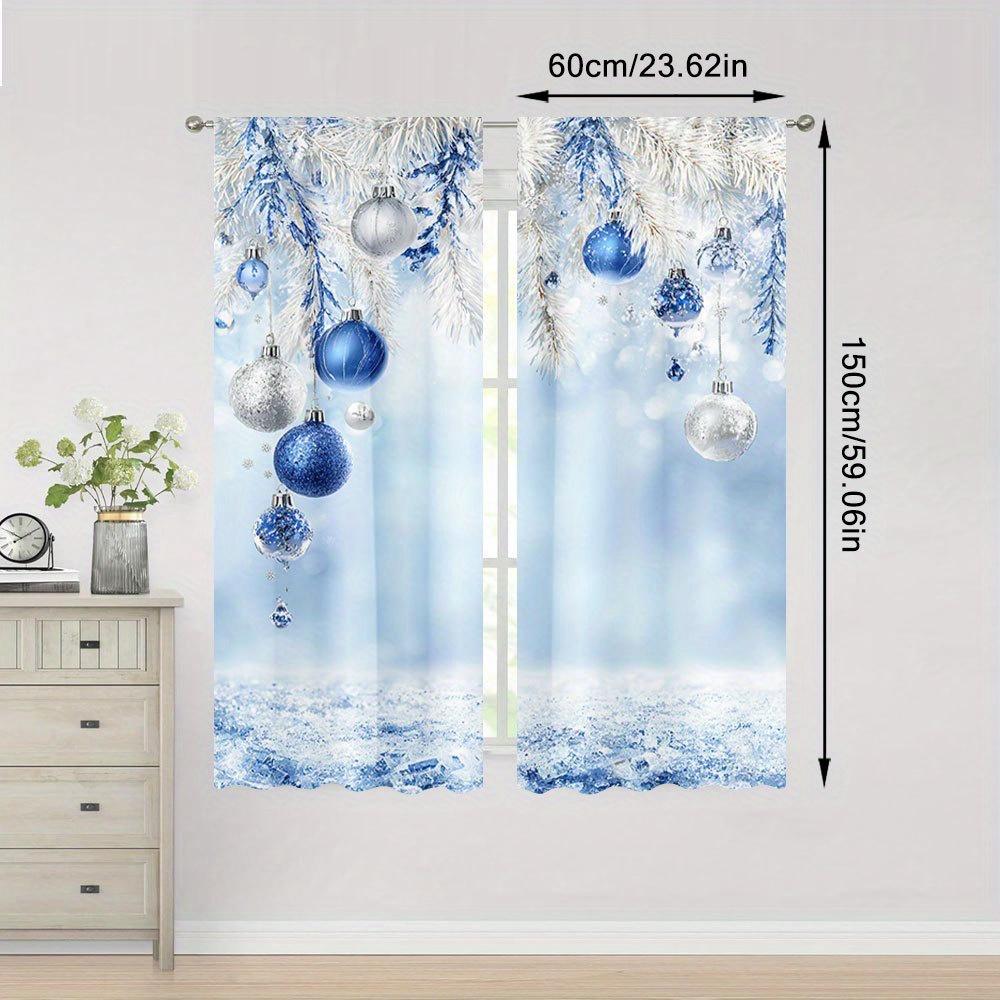 2 Pcs Elegant Blue & White Christmas Ball Sheer Curtains – Light Filtering for Living Room Bedroom Office Kitchen