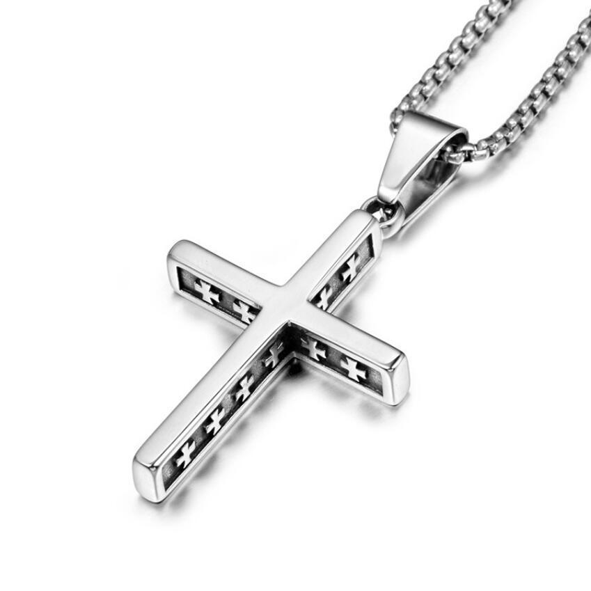 Retro Double Dragon War God Cross Pendant Necklace with Inlaid Diamond - Titanium Steel Jewelry