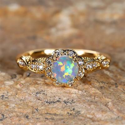 Anello di Opale Bianco di Lusso per Donne Colore Oro Giallo Anelli di Fidanzamento a Fiore Zircone Rotondo Gioielleria Fine