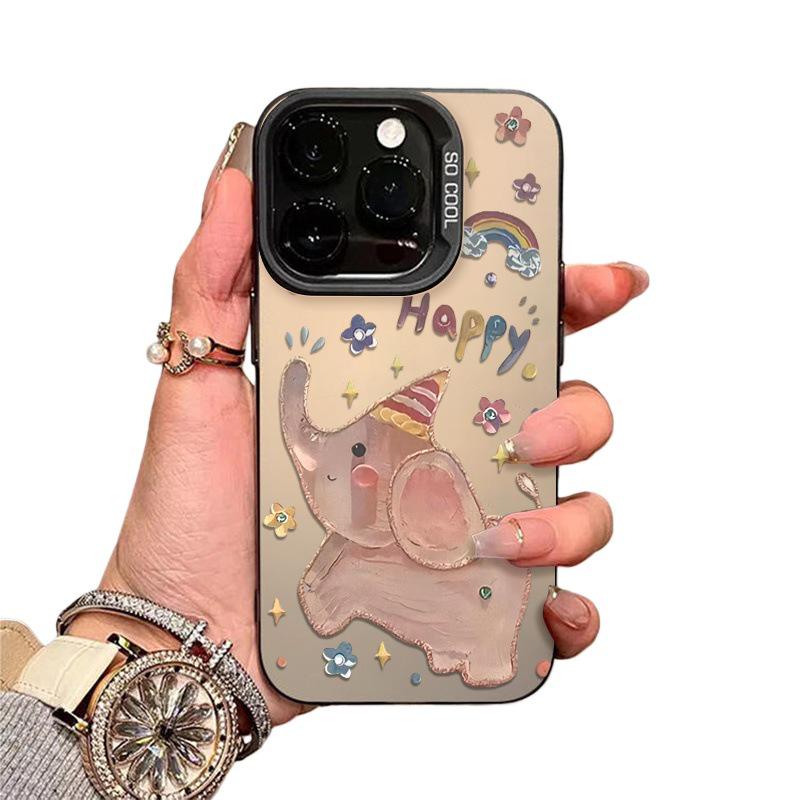 Oil Painting Elephant Silver Phone Case for iPhone 12 Pro Max/13/14/15 Plus/16/17