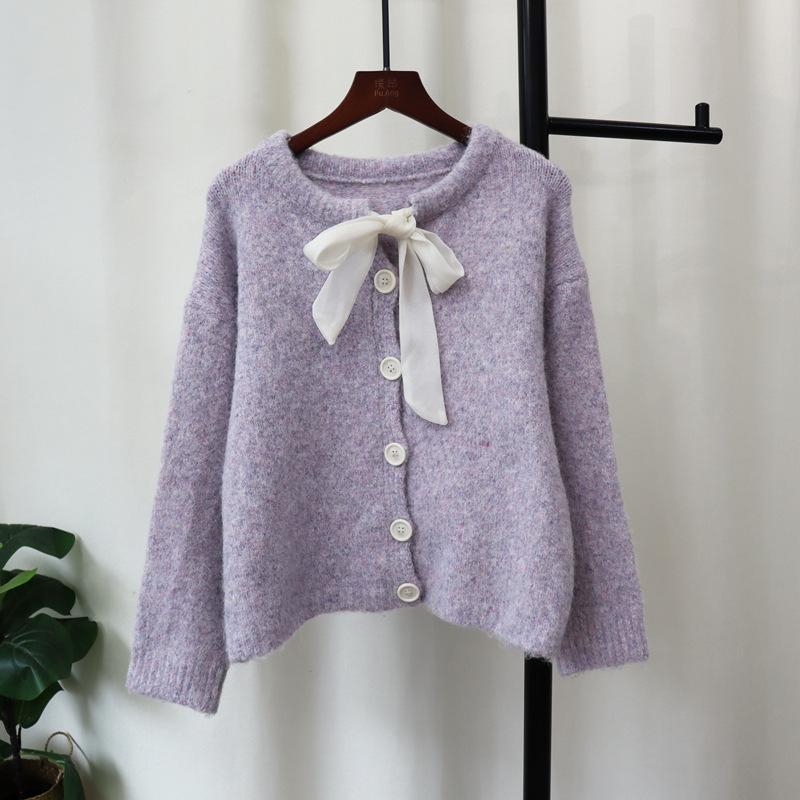 Autumn and winter new lace-up bow knitted cardigan loose soft waxy sweet gentle wind sweater jacket women's clothing