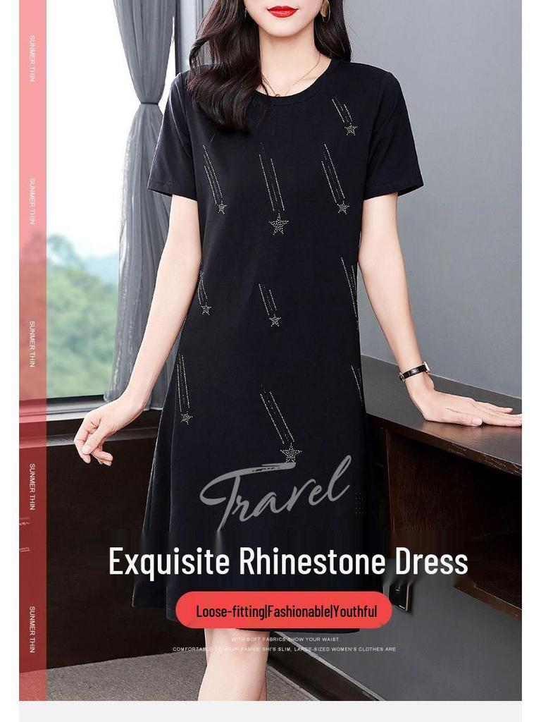 Women's Summer 2026 Plus Size Slimming A-line Black Dress - Mid-Length, Short Sleeve, Casual T-Shirt Style