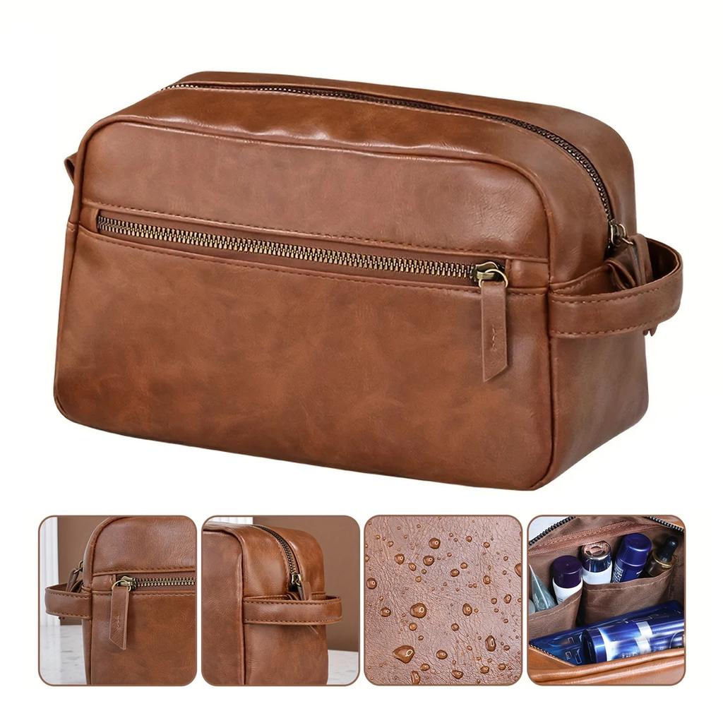 Herren-Kulturtasche aus Leder für Reisen und Geschäftsreisen, tragbare Kosmetiktasche mit großer Kapazität und mehreren Taschen, handliche Kulturtasche aus Leder