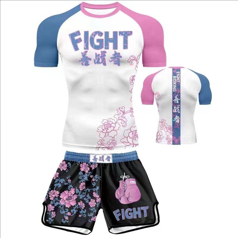 Mens Short Sleeve Combat Training Set Boxing Muay Thai Sanda MMA Gym Workout Sportswear