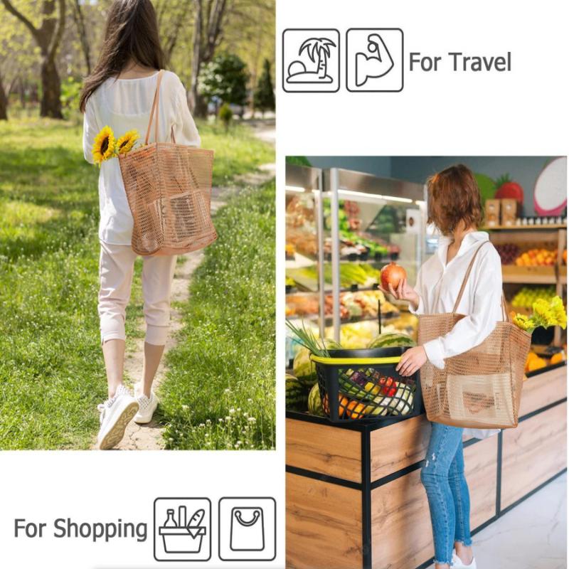 Women Large Capacity Beach Bag Durable Polyester Woven Shoulder Bag Portable Storage Bag Foldable Swimming Bag for Travel Purse