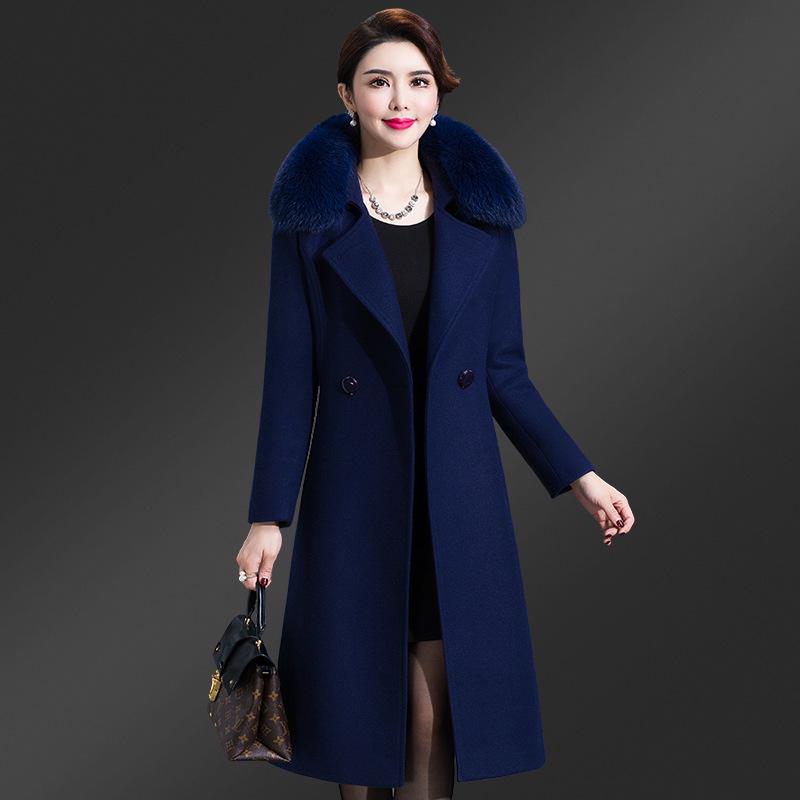 Women's Mid-Length Korean Wool Coat with Fox Fur Collar – Autumn/Winter