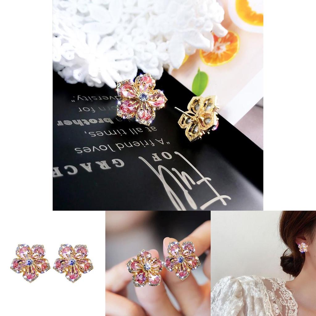 Floral Zircon Silver Needle Earrings With Rose Design For Elegant Women