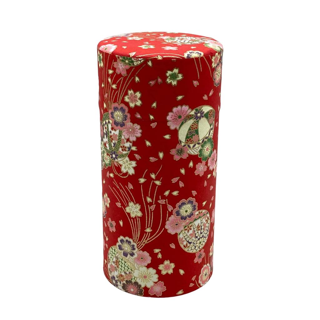 Noguchi Kumataro Tea Garden Tea Caddy, Large Capacity 200g, Yuzen Washi Paper with Inner Lid, Ball and Cherry Blossom Design, Made in Japan, Stylish