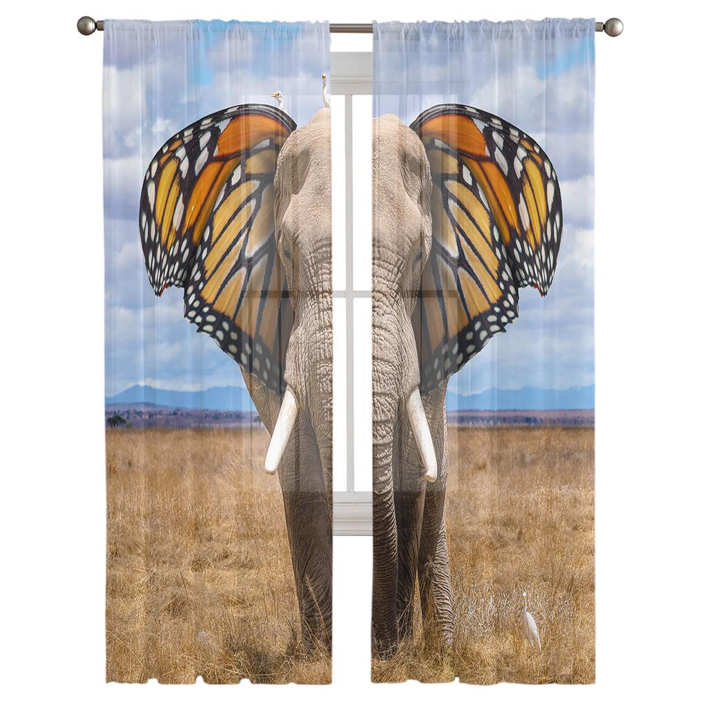 Elephant Butterfly Ears Abstract Tulle Curtains For Living Room Decoration Modern Chiffon Sheer Voile Kitchen Curtain