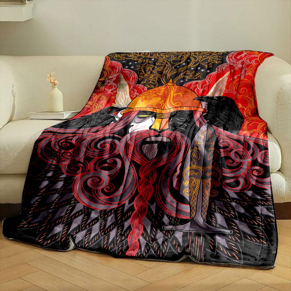 Intricate Viking-inspired figure with a golden helmet, ravens, and swirls. for all seasons blanket lunch break throw gift