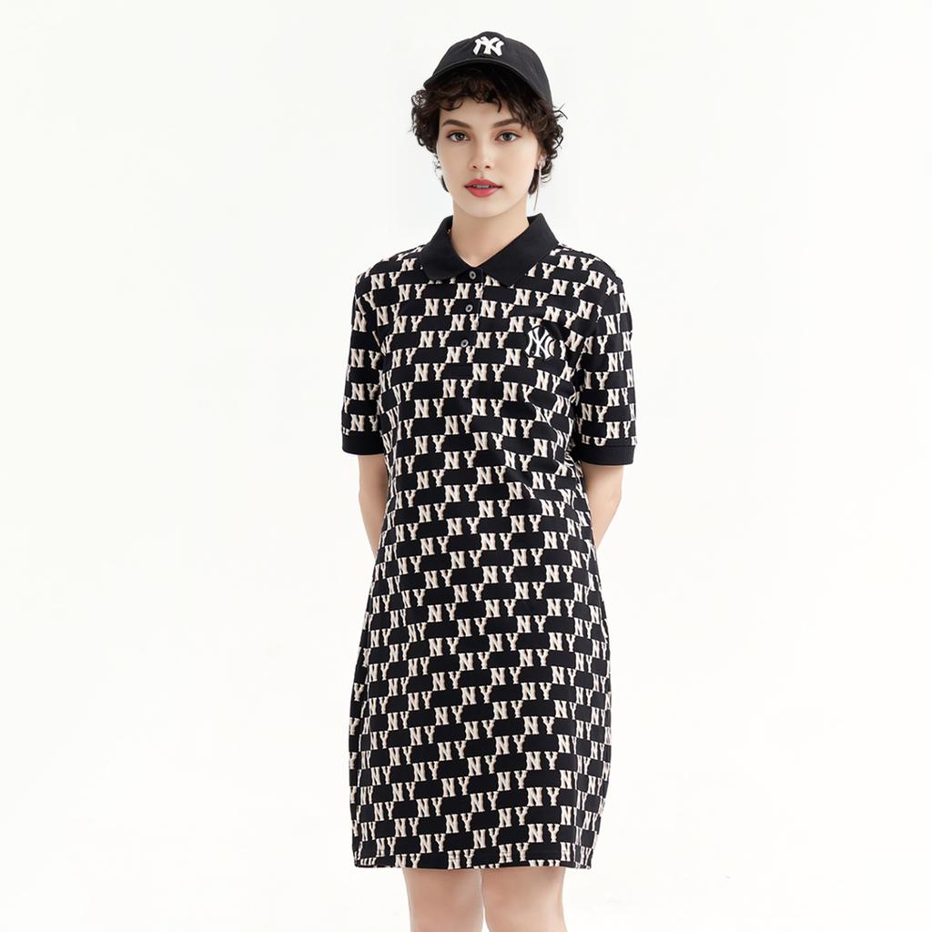 MLB New York Yankees Logo Print Sports Interwoven Letter Mid-Waist A-Line Casual Polo Dress Women dresses Black 3FOPM0233-50BKS