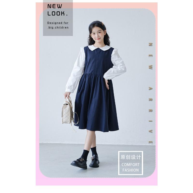 Girls Preppy Style Doll Collar Long Sleeve Spring Autumn Casual Kids Dress