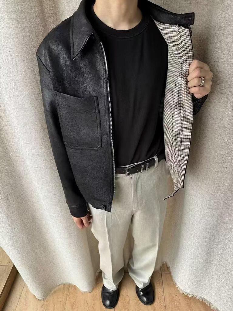 Men's Korean-Style PU Leather Houndstooth Lined Hunting Jacket - Autumn/Winter Casual Outerwear