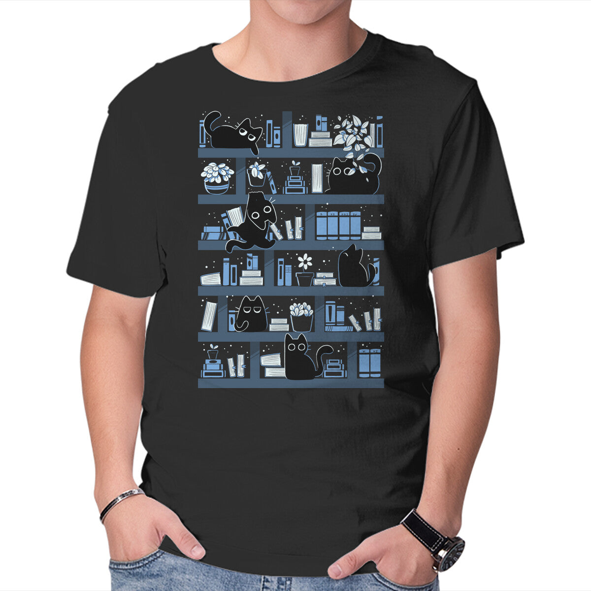 Unisex Crew Neck T-Shirt Purrfect Library Graphic Short Sleeve Casual Tee M