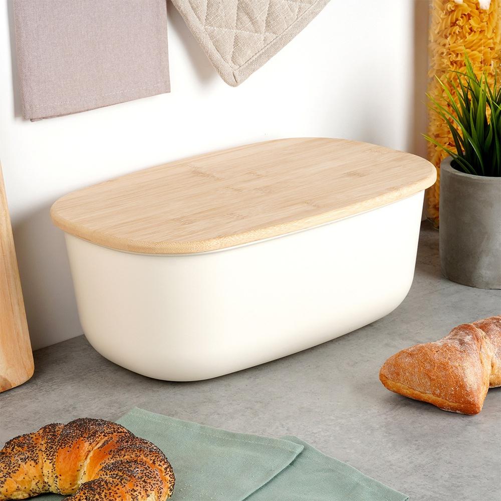 Bread box with bamboo board, black, 39x23.5x15.5 cm
