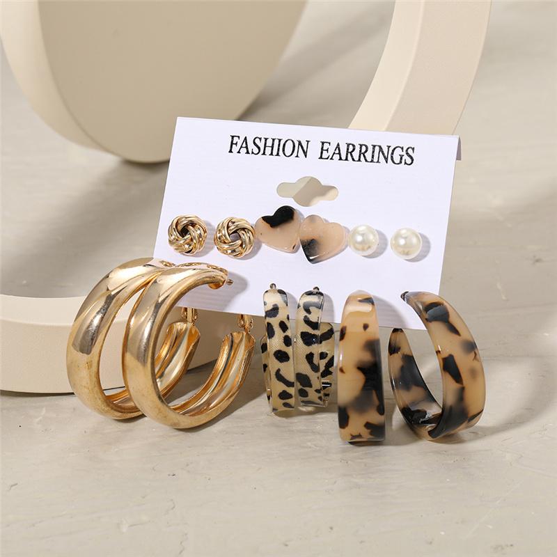 Bohemian Fashion Acrylic Leopard Round Circle Hoop Earrings Set For Women Gold Color Butterfly Pearls Drop Earrings Set Jewelry