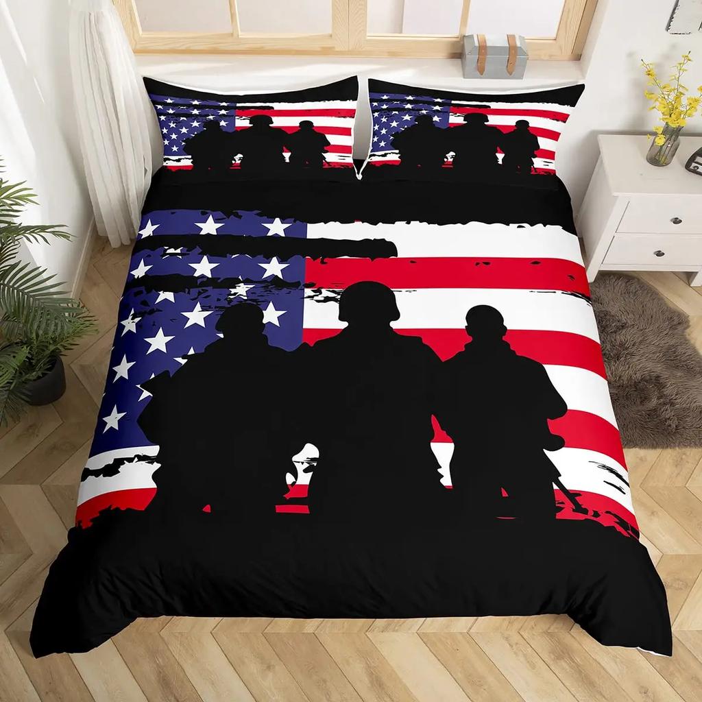 Boys Army Green Duvet Cover Set Full King Size,Classic Camouflage Bedding Set,USA Soldier Silhouette Comforter Cover Quilt Cover