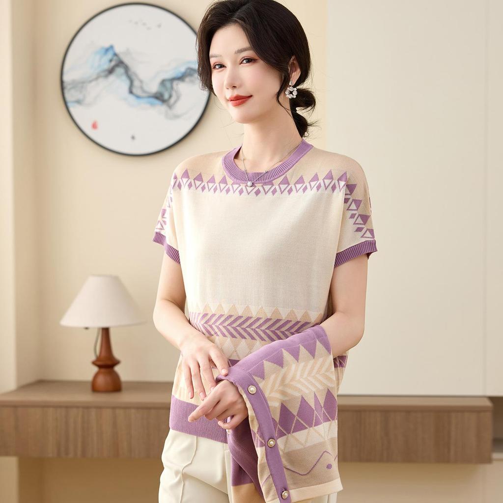 Mom's Spring Knit Cardigan & Summer T-Shirt 2-Piece Set: Stylish Short-Sleeved Top for Middle-Aged & Elderly Women